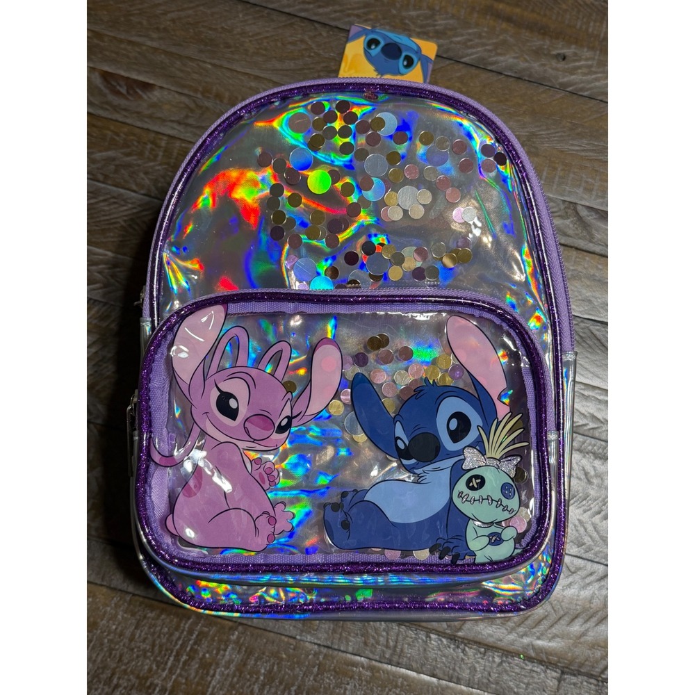 Disney Stitch Angel Mini Backpack Kids Silver Holographic NWT Sequin Shaker Bag